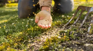 Avant de tondre en avril, j’ajoute ceci au sol pour une pelouse dense, sans mousse, qui aide les abeilles