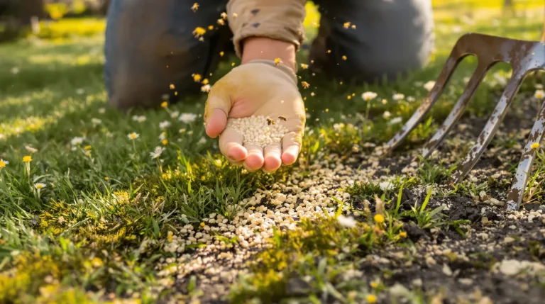 Avant de tondre en avril, j’ajoute ceci au sol pour une pelouse dense, sans mousse, qui aide les abeilles