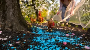 Lâcher ses poules sous les fruitiers en avril est une excellente idée, sauf si ce résidu bleu reste au sol